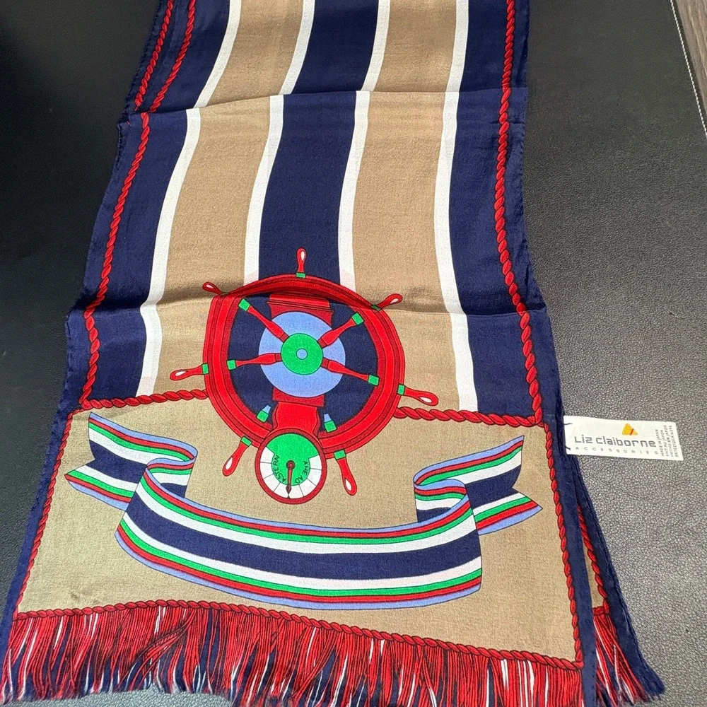 Liz Claiborne Silk Scarf Nautical Ship Wheel Navy Tan Striped‎ Fringe 52x10